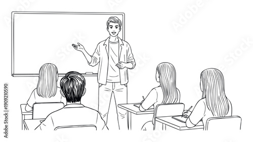 Young male instructor teaching students in a classroom setting, perfect for educational content, school presentations, and online learning materials