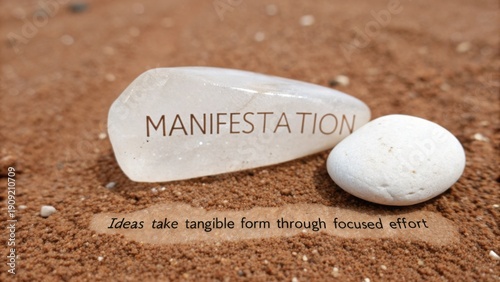 Stone with Manifestation Word on Sandy Surface