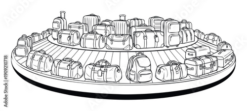A large collection of diverse luggage including suitcases, duffel bags, and backpacks traveling on a circular baggage carousel, perfect for conveying airport travel, vacation, or journey