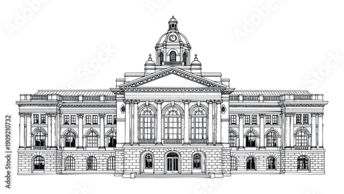Detailed architectural outline drawing of a grand classical building featuring a prominent dome with a clock, neoclassical columns, and intricate facades suitable for historical education