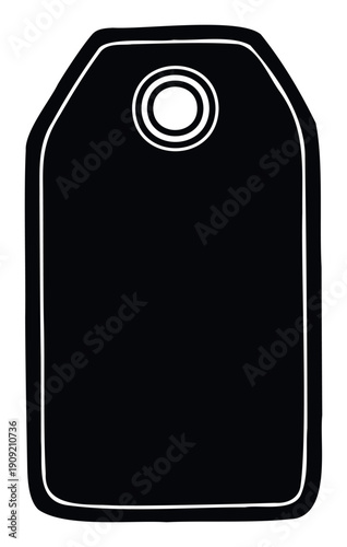 Versatile dark product label with a distinct white border and a punch hole for hanging offers a modern graphic element for branding, sales promotions, and informational display.