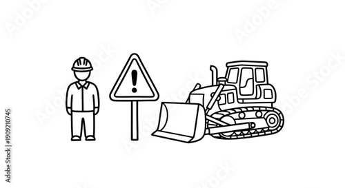Construction worker standing next to bulldozer and warning sign