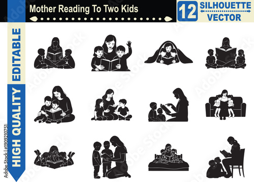 Silhouette collection of a mother reading a storybook to two children, representing family bonding, early education, literacy, and bedtime stories.