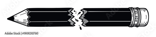 A bold graphic showing a black pencil broken precisely in half with splintered edges and falling fragments, symbolizing an abrupt end, creative block, stress, or the impact of failure in