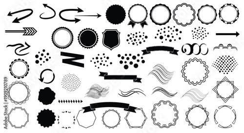 Hand Drawn Arrows, Frames and Decorative Circular Elements Set in Black and White Style