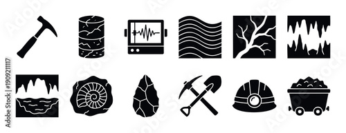 Geology and mining related icons for earth science studies, archaeological discoveries, and industrial excavation projects, useful for educational materials or engineering presentations