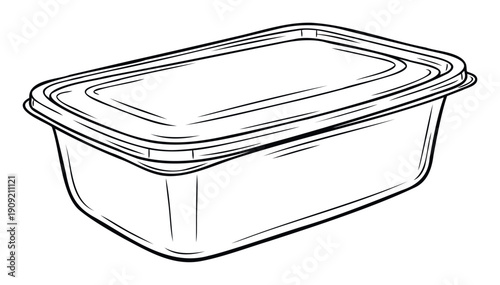 A simple outline drawing of a rectangular plastic food container with a secure lid for kitchen organization, meal prep, or restaurant packaging needs.