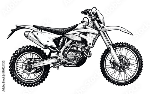 Detailed line drawing of a powerful offroad dirt bike motocross motorcycle perfect for sports enthusiasts and adventure branding projects