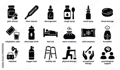 A comprehensive collection of medical treatment and health care icons providing essential visual guidance for various remedies, therapeutic aids, and support services to illustrate wellness