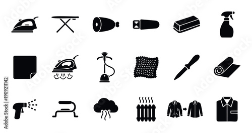 Modern laundry and garment care icon collection with essential tools for ironing, steaming, and fabric maintenance, useful for home care guides or professional textile service promo.