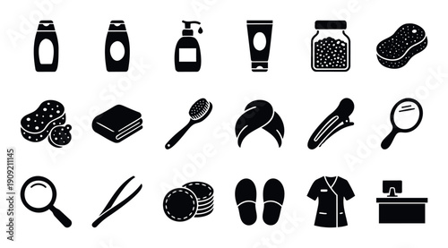 Spa beauty and personal care cosmetic products and tools icon set perfect for wellness centers, salons, and health related graphic design applications.