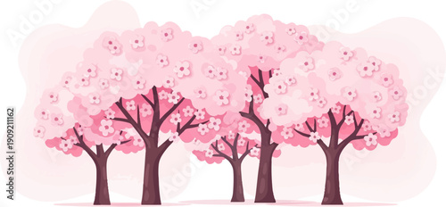 A cluster of blooming pink cherry blossom trees in soft pastel tones