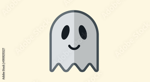 A cheerful, stylized ghost illustration with two dark oval eyes and a smiling mouth