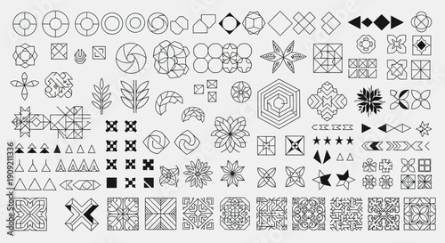 Geometric Pattern and Decorative Symbol Collection in Black and White Line Art Style