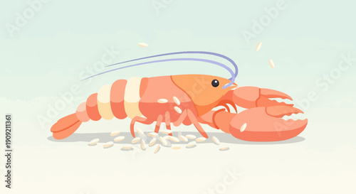 A cheerful, stylized shrimp with segmented orange and cream body, large claws, and purple antennae