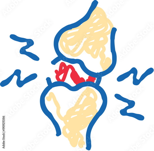 Hand drawn style illustration depicting a human knee joint with internal inflammation and surrounding pain indicators, symbolizing arthritis, injury, or other orthopedic issues