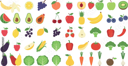 Fruits and vegetables icon set with fresh organic produce colorful flat vector illustration for healthy nutrition cooking menus and food education designs