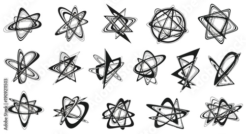 Hand Drawn Atom and Star Doodle Symbols Collection in Black and White Sketch Style