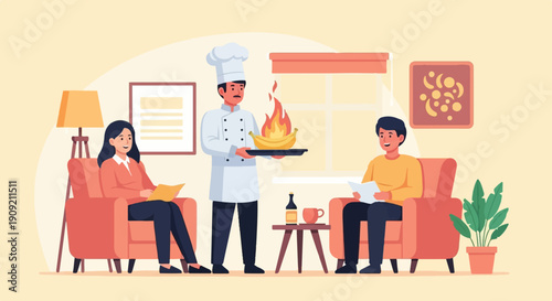 A chef presents a flaming banana dish to two diners relaxing in armchairs