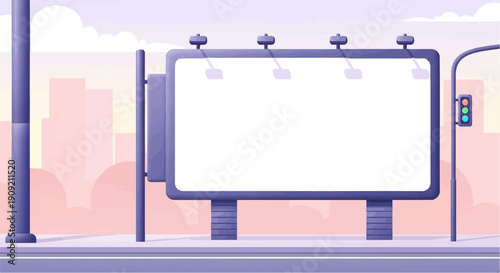 A digital illustration of an empty billboard with a traffic light in a city setting