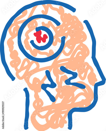 Head silhouette displaying tangled thoughts, a painful headache, and stress, representing mental health issues, neurological disorders, and psychological challenges