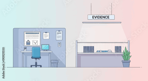 A cartoon illustration of an office desk with a computer and a shelf with binders