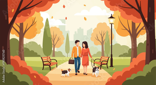 A couple walks their dogs through a colorful park in autumn
