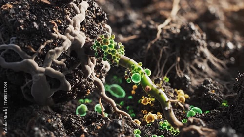 Close-up view of microorganisms and organic matter in soil