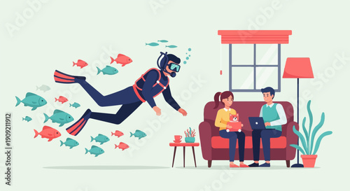 A diver explores an underwater world while a couple relaxes indoors