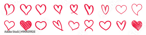 Doodle hand drawn red heart icon collection