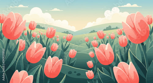 A field of pink tulips blooms under a soft sky