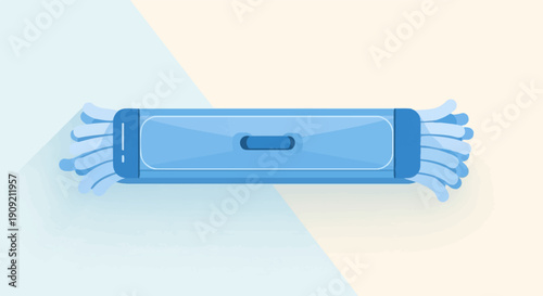 A blue mop with fringed ends lies on a split background