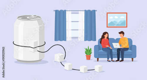 A couple sits on a sofa with a laptop, while cubes lead from a can