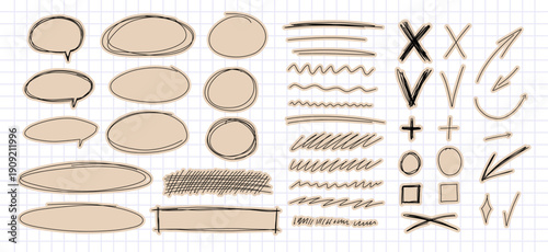 Ballpen scribble art collection. Simple scratch squiggle lines set on beige paper. Hand drawn marks, underline strokes, doodles and arrows. Grunge marker stroke for collage design