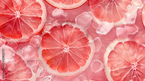 Juicy grapefruit slices arranged on melting ice, symbolizing freshness, hydration, and cold summer beverages.