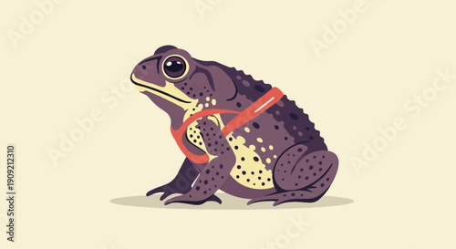 A cartoon toad wearing a red harness on a cream background