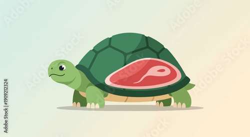 A cartoon turtle with a raw steak on its shell