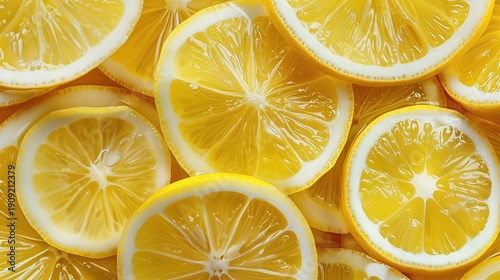 Juicy lemon slices tightly arranged, forming a refreshing citrus background with summer mood.