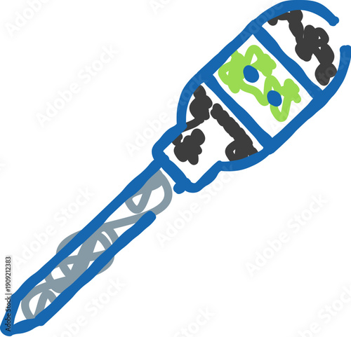 Screwdriver illustration showing a hand tool with a blue handle and shaft, featuring green and black details, representing repair, construction, and diy concepts in a child like, doodle style