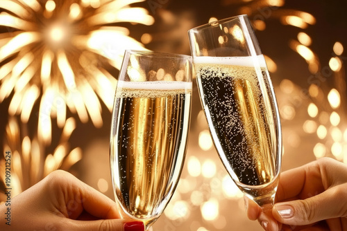 People toasting and celebrating with glasses of champagne with bight fireworks in the background
