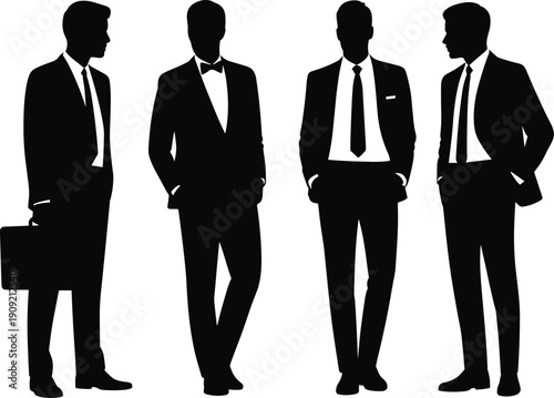 Business professional silhouette illustration set, four male figures suits ties bow tie briefcase corporate attire design, vector artwork, workplace and networking theme, isolated background