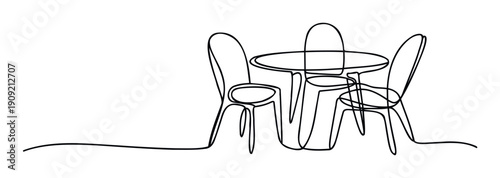Minimalist continuous line drawing illustrating a round table and three chairs, providing a sleek graphic element for interior design concepts, modern web pages, or unique branding assets.