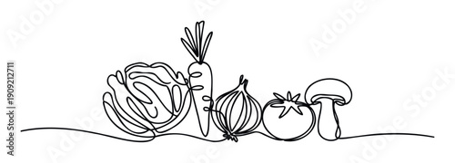 Continuous line drawing of a variety of fresh vegetables including cabbage carrot onion tomato and mushroom perfect for healthy eating lifestyle marketing materials or cooking themed