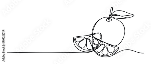 Minimalist one line drawing of a fresh citrus orange fruit with two juicy slices, ideal for healthy food and drink themed marketing materials and packaging