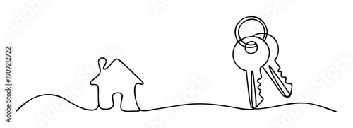 A minimalist continuous line drawing depicting a house connected to a set of keys, ideal for real estate promotions, property management services, and home buying advertisements