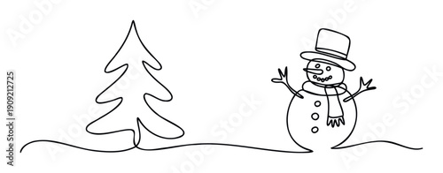 A charming continuous line drawing depicting a simple Christmas tree and a friendly snowman wearing a top hat and scarf, perfect for seasonal greetings, holiday promotions, or winter event