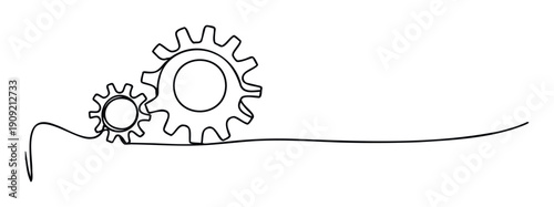 Minimalist continuous line drawing of two interlocking gears symbolizing connection, cooperation, and teamwork, perfect for business presentations, engineering concepts, or industrial