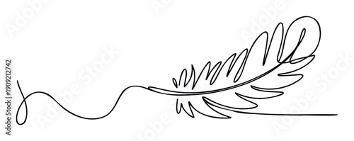Elegant minimalist continuous line drawing of a stylized feather gracefully floating, perfect for stationery, invitations, branding, or website graphics seeking a light and sophisticated