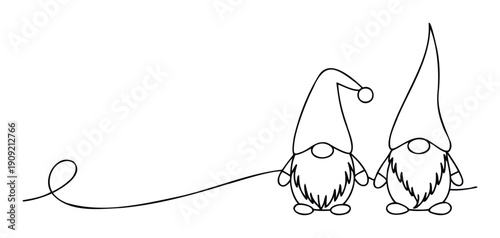 Charming black outline drawing of two cute Christmas gnomes with pointed hats connected by a flowing continuous line, perfect for holiday greetings and festive decorations.