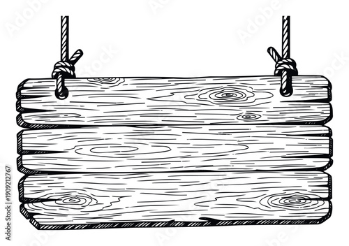 Engraved style blank wood sign made of three planks, hanging by twisted ropes, offering a versatile template for menus, notices, or informational displays in various contexts.